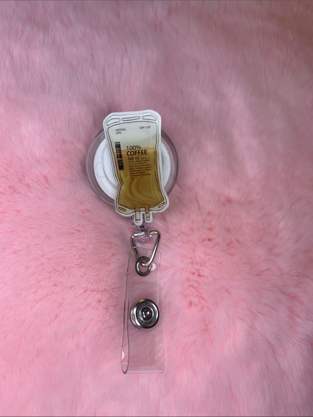 Pink Coffee IV Bag Badge Reel - Cute Retractable ID Holder